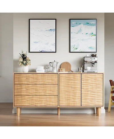 61" Modern Teak Natural Color Fluted Sideboard Buffet with 3 Drawers and 2 Doors