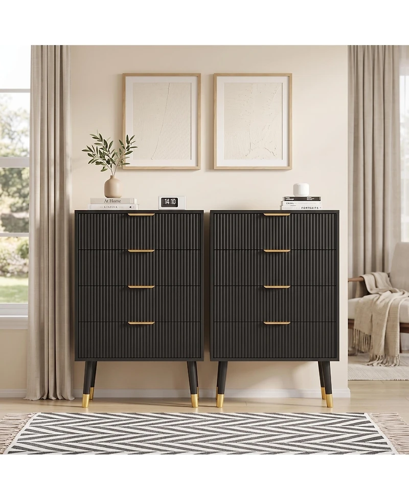 2 Set of Modern 4 Drawer Storage Chests, Compact Cabinet With Grooved Panels And Metallic Pulls, Fit Bedside, Bedroom And Entryway