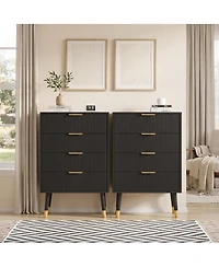 2 Set of Modern 4 Drawer Storage Chests, Compact Cabinet With Grooved Panels And Metallic Pulls, Fit Bedside, Bedroom And Entryway