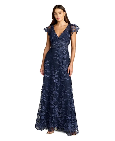 Mac Duggal Petite Embroidered Applique Wrap Over Flutter Sleeve Gown