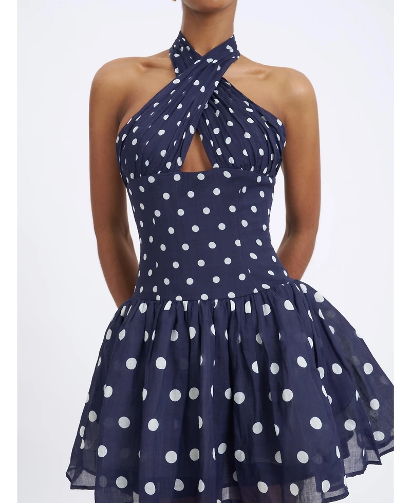 Miss Circle Women's Yamina Navy Polka Dot Ramie Crossover Halter Gathered Mini Dress