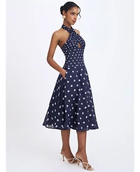 Miss Circle Women's Nuri Navy Polka Dot Ramie Crossover Halter A-Line Midi Dress