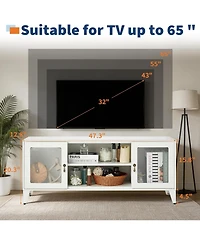 47.3" Modern White Metal Media Console with Glass Doors and Adjustable Shelves