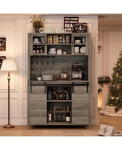 70 in Tall Farmhouse Coffee Bar Cabinet, Kitchen Hutch with Sliding Barn Door, Buffet with Wine Rack and Glass Holder for Dining Room, Living Room