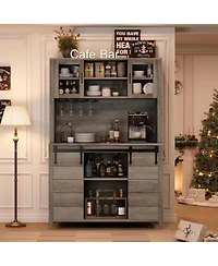 70 in Tall Farmhouse Coffee Bar Cabinet, Kitchen Hutch with Sliding Barn Door, Buffet with Wine Rack and Glass Holder for Dining Room, Living Room
