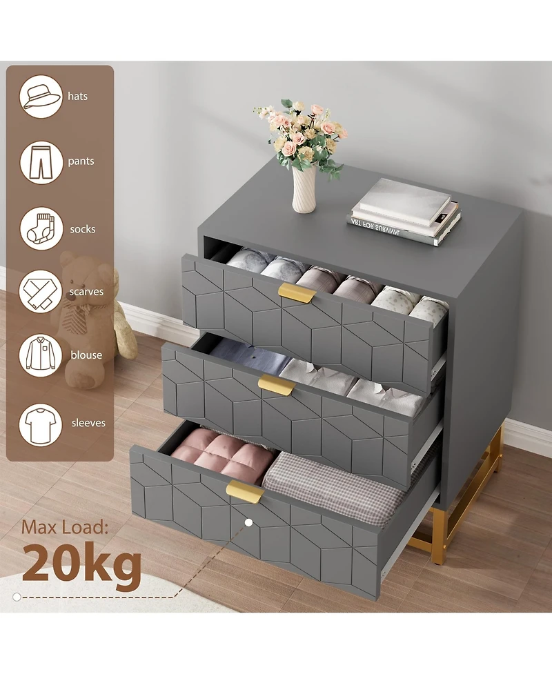 Dresser for Bedroom, 3 Drawer Dresser with Metal Legs, Wood Dressers Chest Organizer with Wide Storage, Modern Chest of Drawers for Bedroom, Hallway