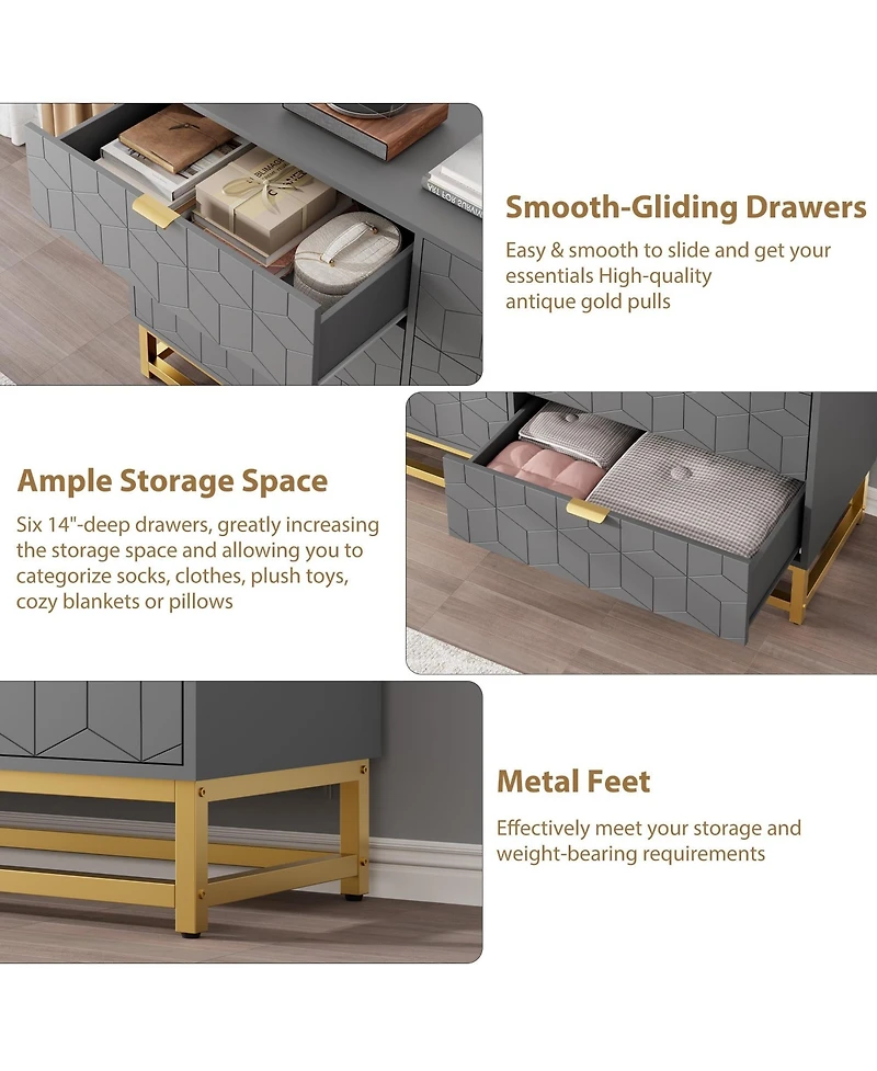 6 Drawer Dresser for Bedroom, 53.5" Large Dresser with Metal Legs, Modern Chest Organizer with Wide Storage, Chest of Drawers for Bedroom, Entryway