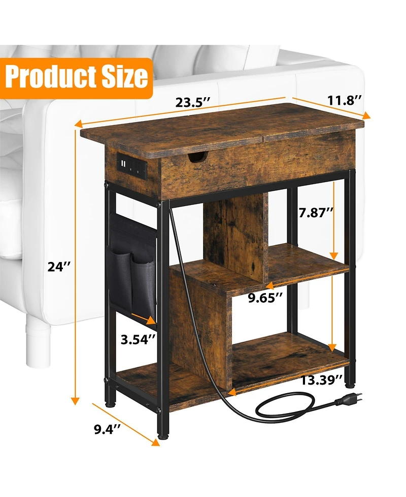 Narrow End Table with Charging Station and Turnover Storage Shelf, Rustic Brown Mdf Wood Side Table with Usb Ports for Living Room Bedroom Office