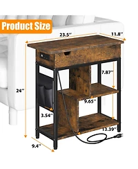 Narrow End Table with Charging Station and Turnover Storage Shelf, Rustic Brown Mdf Wood Side Table with Usb Ports for Living Room Bedroom Office