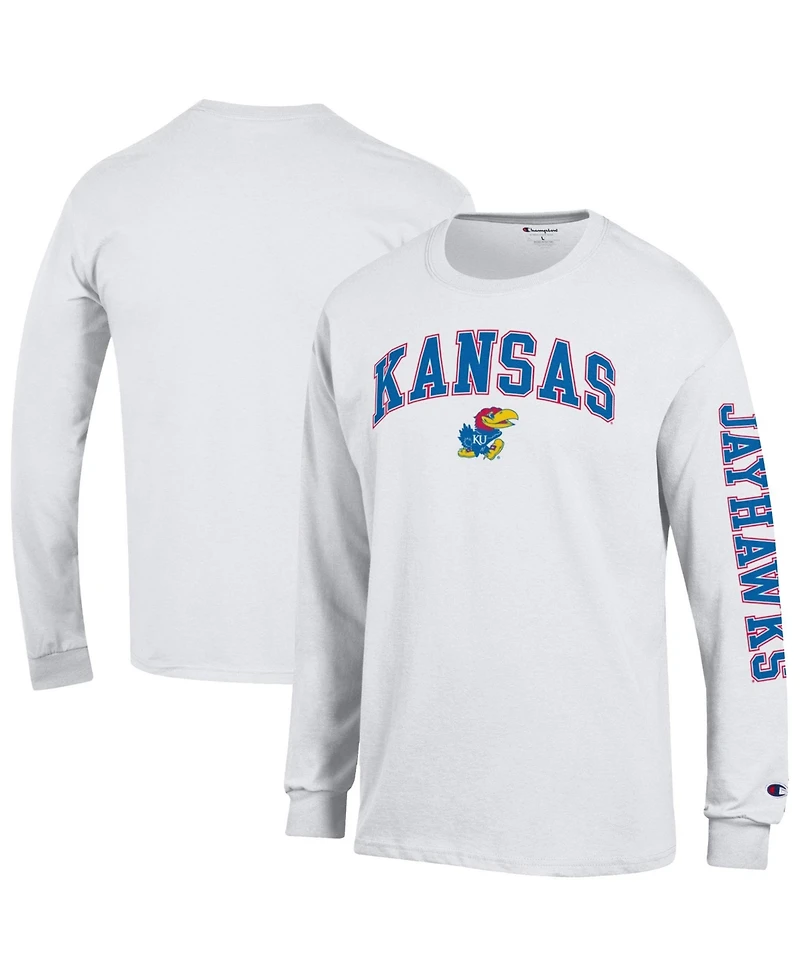 Champion Men's White Kansas Jayhawks Arch Over Logo 2-Hit Long sleeves T-Shirt