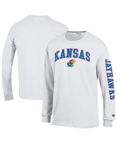 Champion Men's White Kansas Jayhawks Arch Over Logo 2-Hit Long sleeves T-Shirt