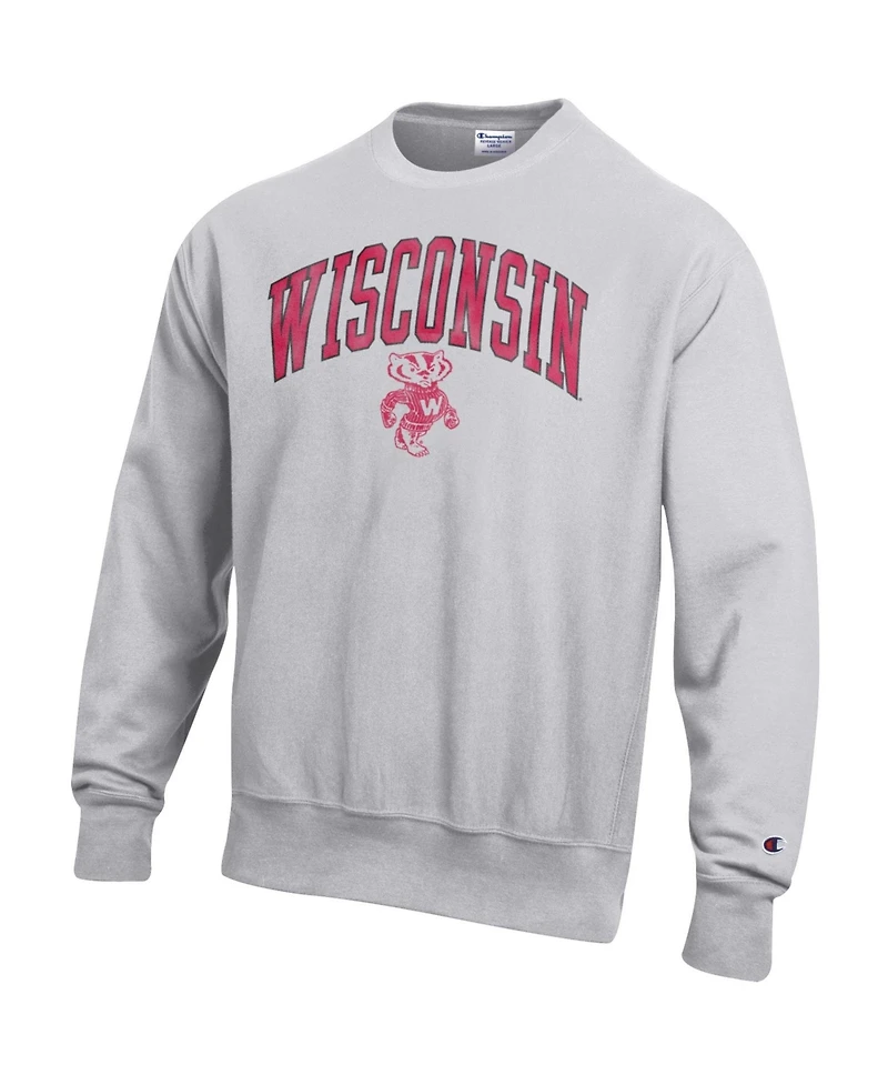 Champion Men's Gray Wisconsin Badgers Distressed Arch Over Logo Reverse Weave Crew Neck Sweatshirt