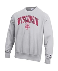 Champion Men's Gray Wisconsin Badgers Distressed Arch Over Logo Reverse Weave Crew Neck Sweatshirt