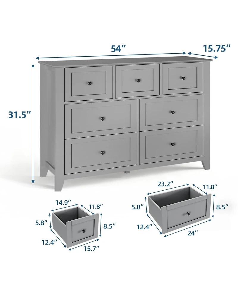homfan 2 Set of 7 Drawers Dresser for Bedroom, 54" Modern Grey 7 Chest of Drawer Dresser, Storage Organizer with Drawers for Living Room, Hallway