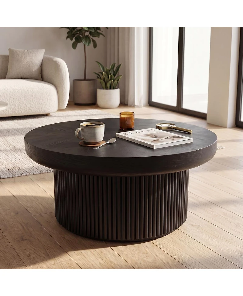 Streamdale Furniture 33.5" Round Fluted Wood Parquet Coffee Table, Mid-Century Modern Cocktail Table