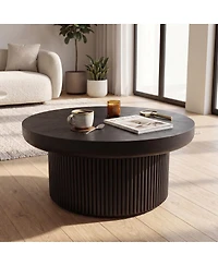 Streamdale Furniture 33.5" Round Fluted Wood Parquet Coffee Table, Mid-Century Modern Cocktail Table