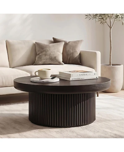 Streamdale Furniture 33.5" Round Fluted Wood Parquet Coffee Table, Mid-Century Modern Cocktail Table