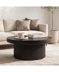 Streamdale Furniture 33.5" Round Fluted Wood Parquet Coffee Table, Mid-Century Modern Cocktail Table