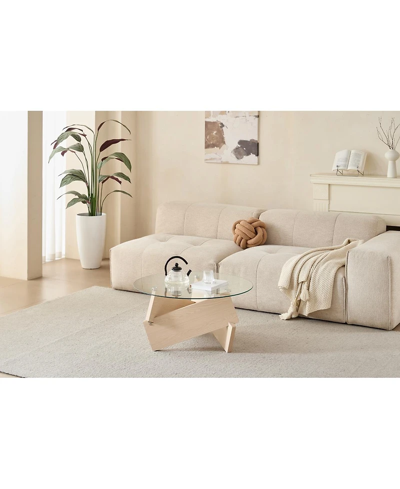 Streamdale Furniture Modern Round Farmhouse Coffee Table with Tempered Glass Top, Natural Wood