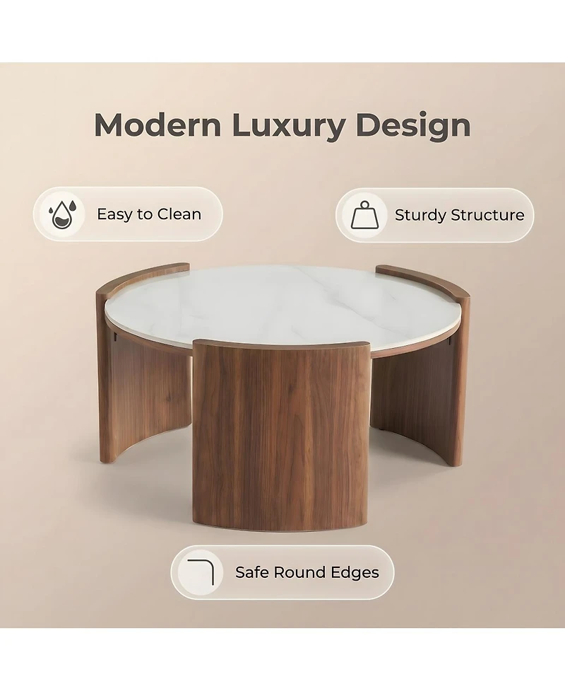 Streamdale Furniture Modern Round Sintered Stone Coffee Table with Walnut Legs