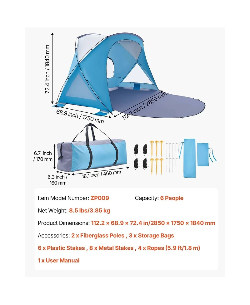 Zeny Beach Tent Sun Shelter for 6 Person, Upf 50 Plus Protection, Portable Sun Shade Canopy with Carrying Bag and Sand Pockets