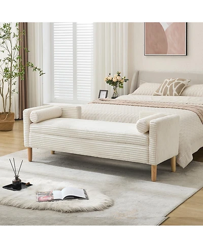 Streamdale Furniture 64.7" Corduroy Flip-Top Storage Bed Bench with Armrests and Backrest
