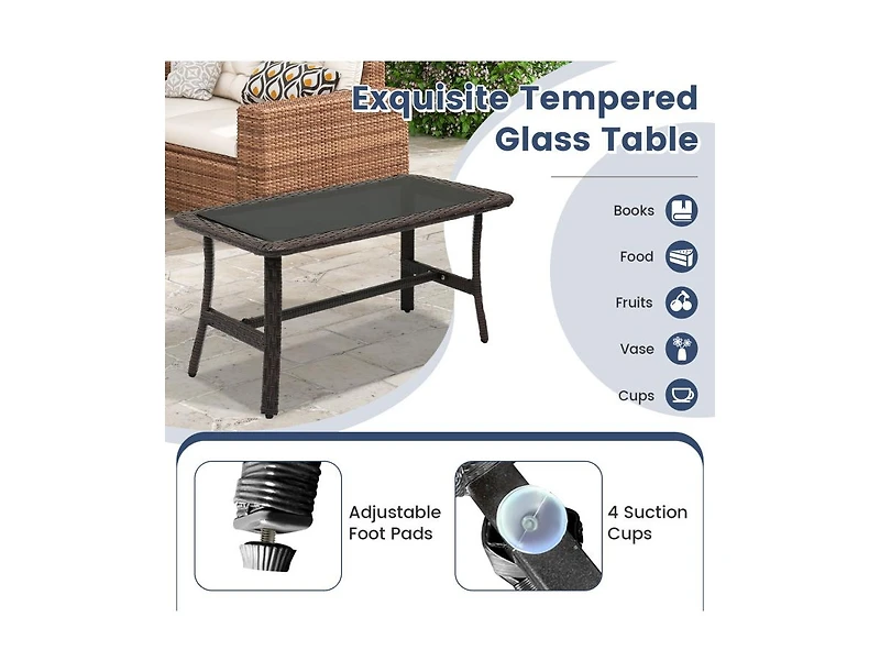 Boyel Living 4 Pieces Outdoor Rattan Conversation Set with Tempered Glass Coffee Table