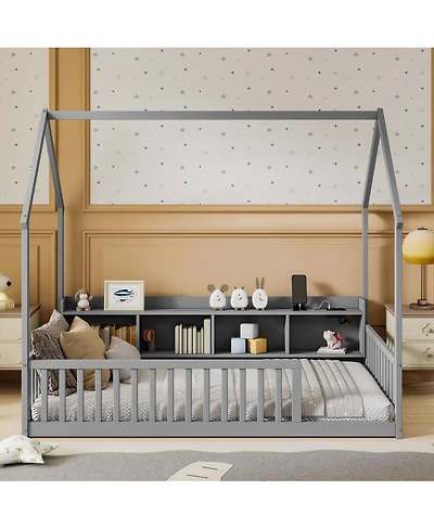 Streamdale Furniture Twin House Floor Bed with Led, Storage and Charging Station