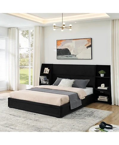 Streamdale Furniture Queen Velvet Storage Platform Bed Frame with Bookcases and Drawer