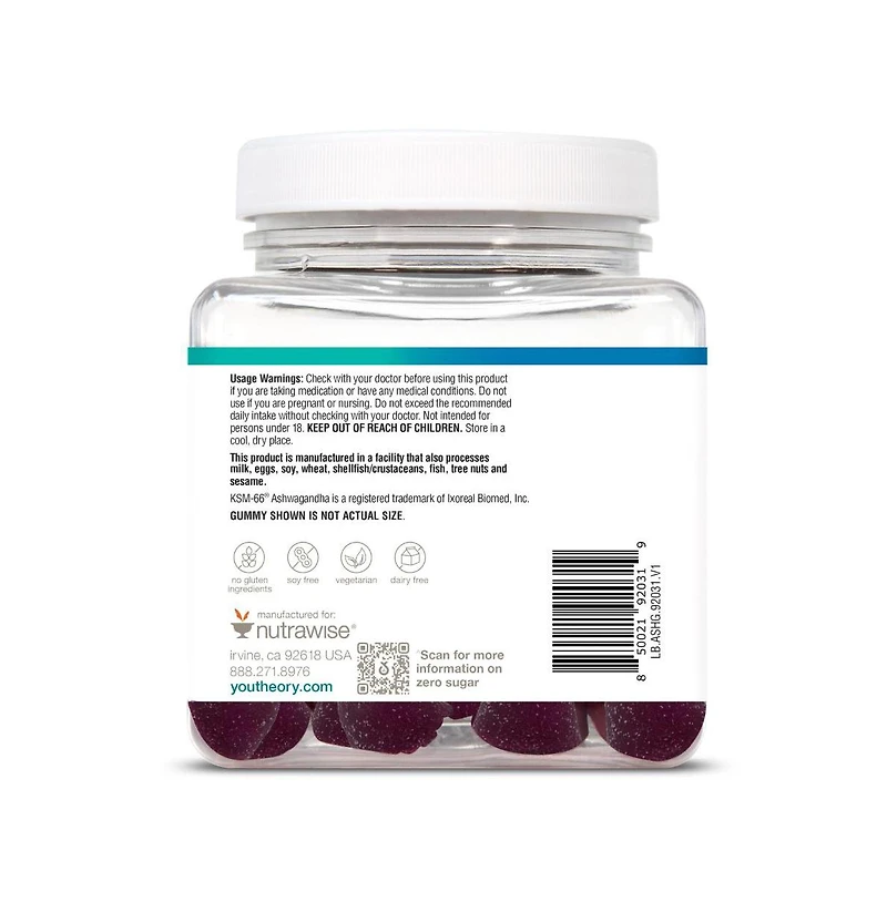 Youtheory Ashwagandha Gummies Stress and Energy Support Ksm 66 and Ginger Zero Sugar Blueberry 60 Count, Pack of 2 60 Day Supply