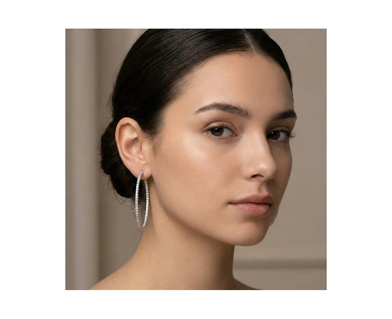 Genevive Radiant White Gold Plated Cz Black Plated Slim Hoop Earrings