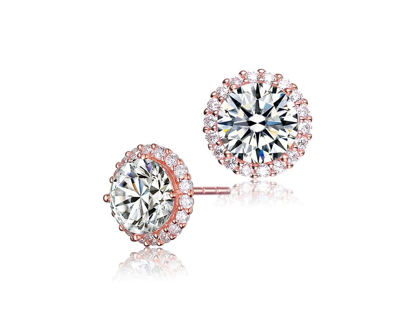 Genevive Sterling Silver White Gold Plating with Clear Cubic Zirconia Button Stud Earrings