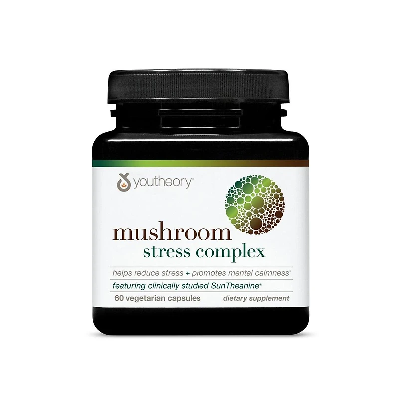 Youtheory Mushroom Stress Complex, Full-Spectrum Mushrrom with L-Theanine, 60 Vegetarian Capsules