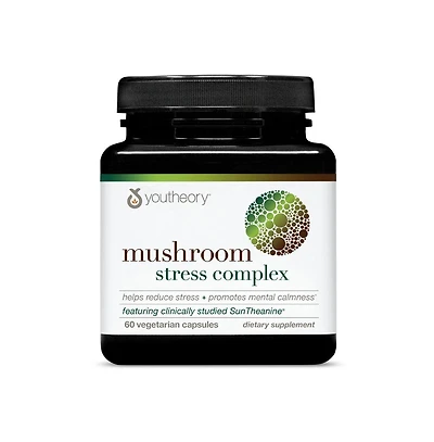 Youtheory Mushroom Stress Complex, Full-Spectrum Mushrrom with L-Theanine, 60 Vegetarian Capsules