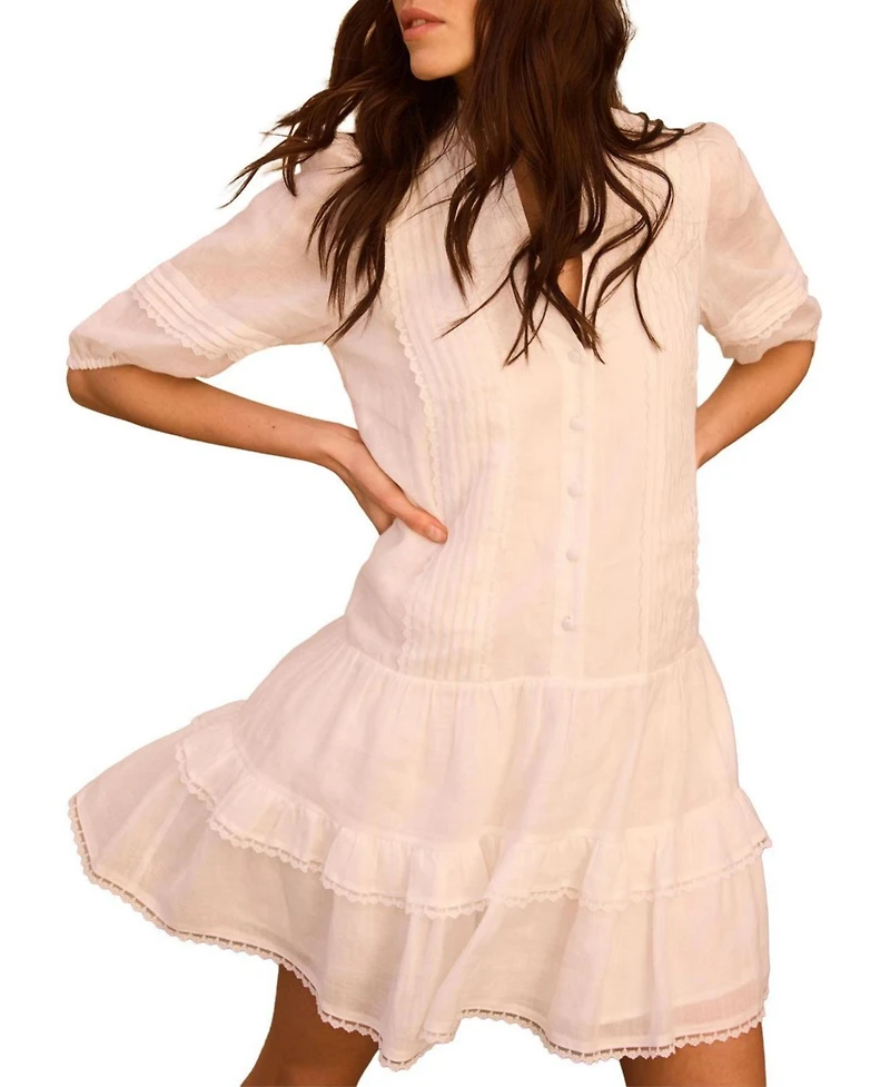 Mint Velvet Women's Ruffle V-Neck Short-Sleeve Ramie Mini Dress