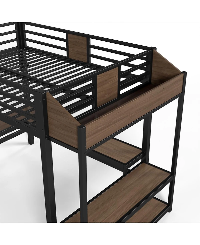 Streamdale Furniture Full Metal Loft Bed with L-Shaped Desk, Led Lights, Shelves and Usb
