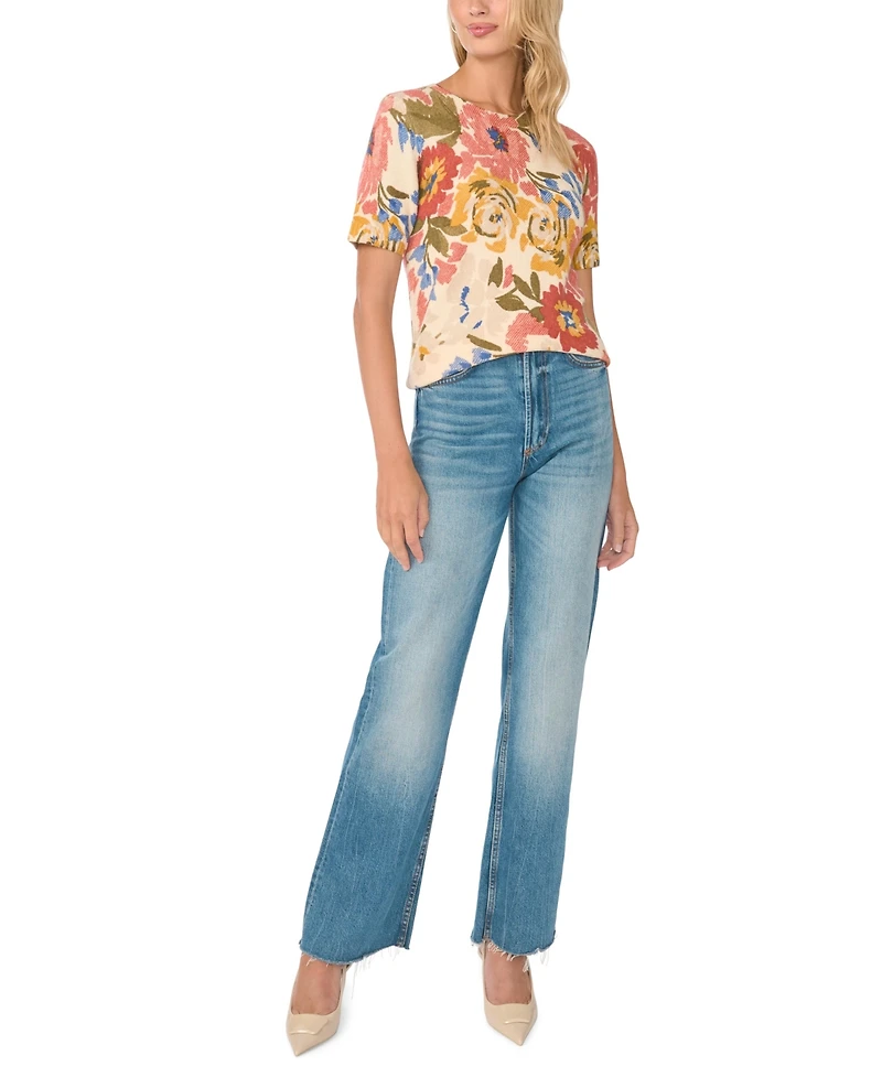 Vince Camuto Women's Floral-Print Short-Sleeve Crewneck Pullover, Created for Macy's