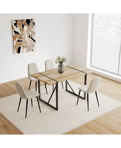 Flynama 5-Piece 55" Wood Tone Dining Set, Linen Chairs and Metal Base