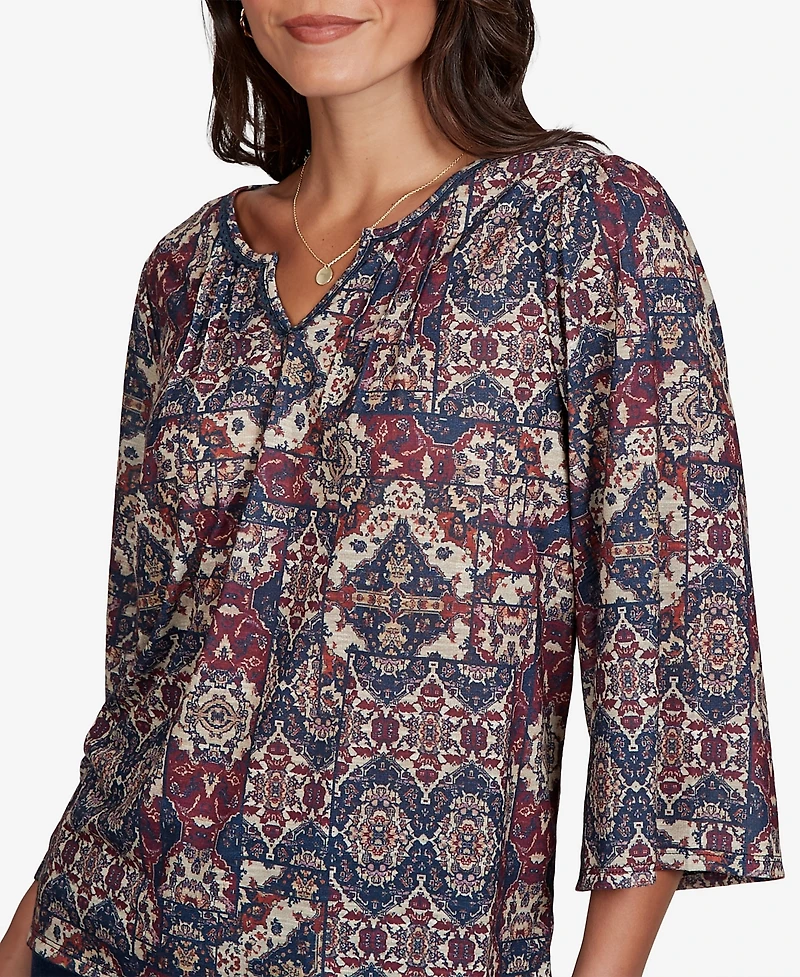 Ruby Rd. Petite Patchwork 3/4-Sleeve Henley Blouse