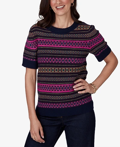 Ruby Rd. Petite Fair Isle Short-Sleeve Scoop Neck Sweater