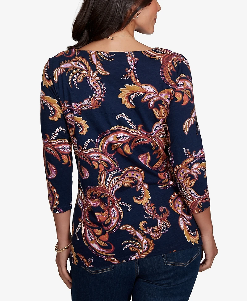 Ruby Rd. Petite Paisley-Print Boat Neck 3/4-Sleeve Top