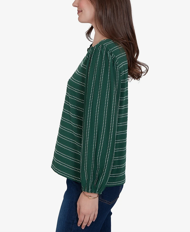 Ruby Rd. Petite Long-Sleeve Dobby-Stripe Crewneck Blouse
