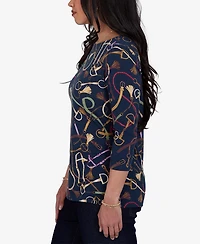 Ruby Rd. Petite Boat Neck 3/4-Sleeve Equestrian Print Blouse