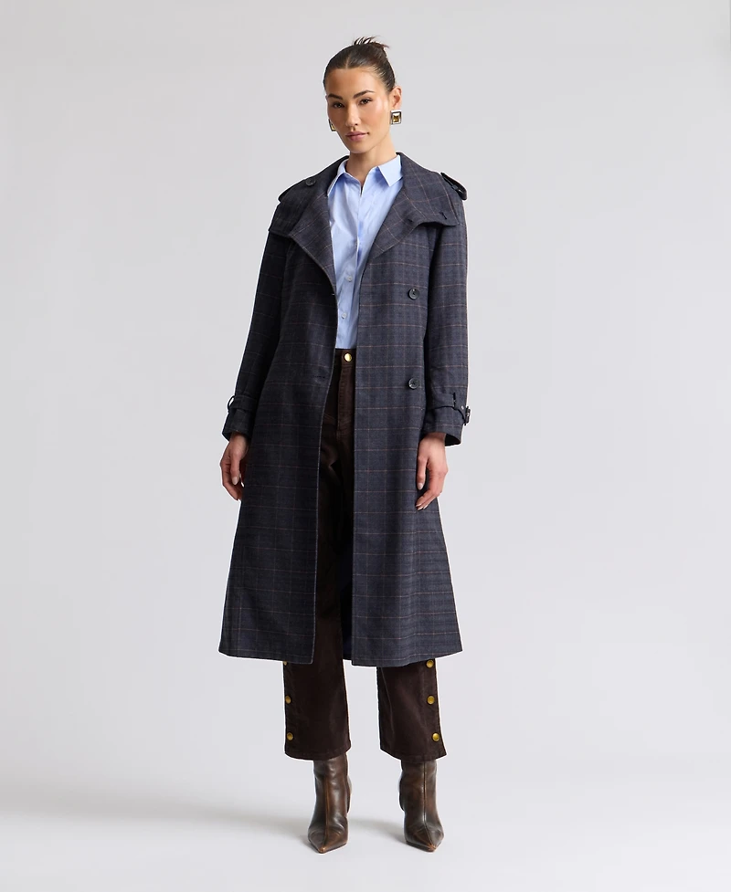 Avec Les Filles Women's Plaid Funnel Neck Belted Trench Coat