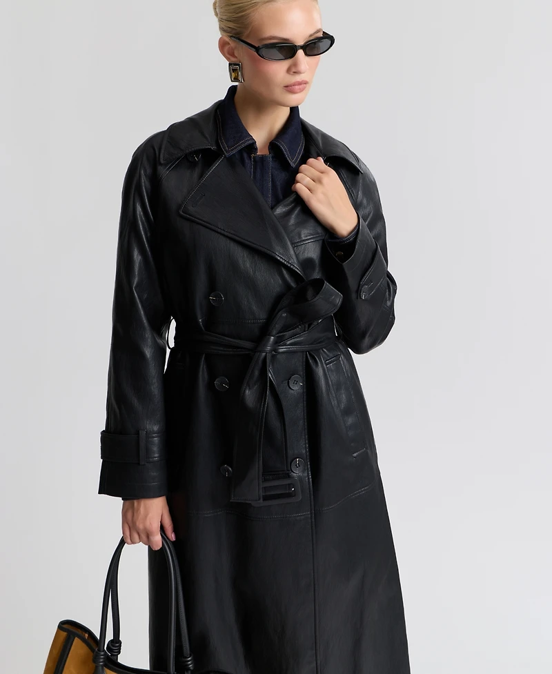 Avec Les Filles Women's Faux-Leather Belted Raglan-Sleeve Trench Coat