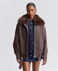 Avec Les Filles Women's Oversized-Fit Detachable Faux Fur Collar Bomber Coat
