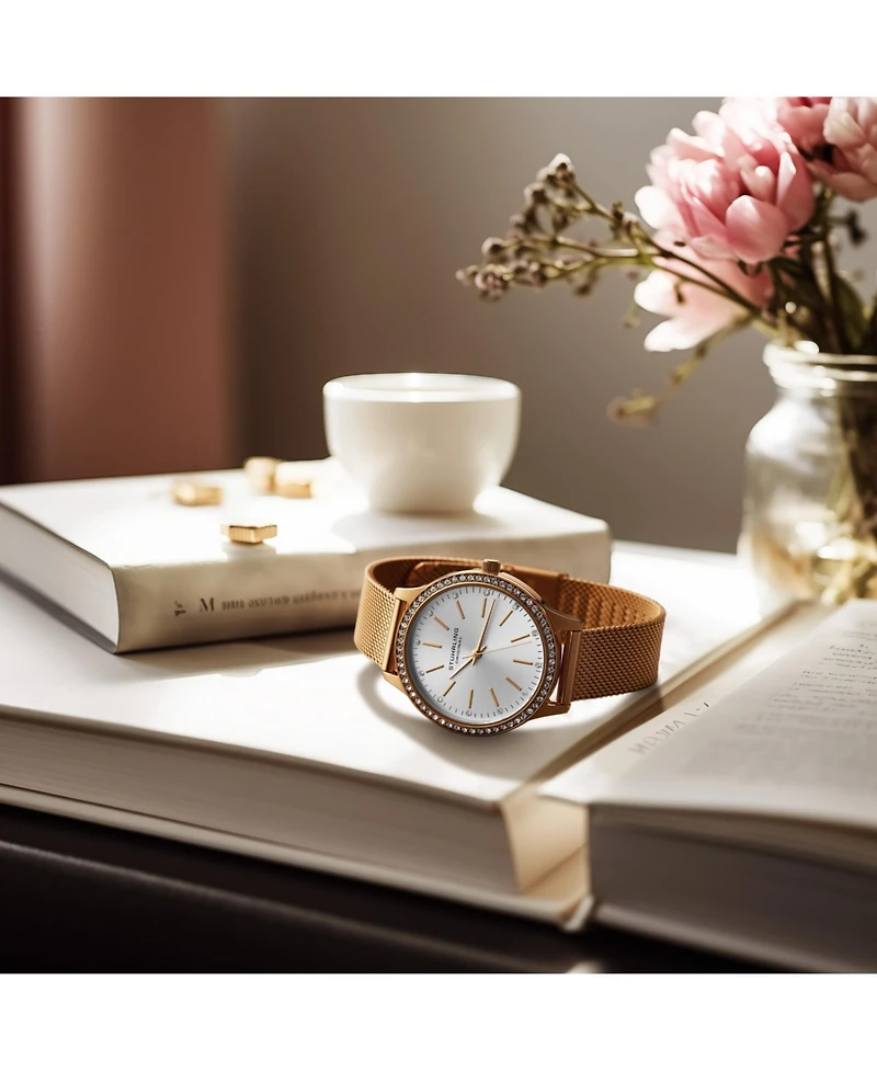 Women's Quartz Watch Crystal Studded Rose Gold Tone Stainless Steel Case Silver Dial Rose Hands and Markers Rose Mesh Bracelet