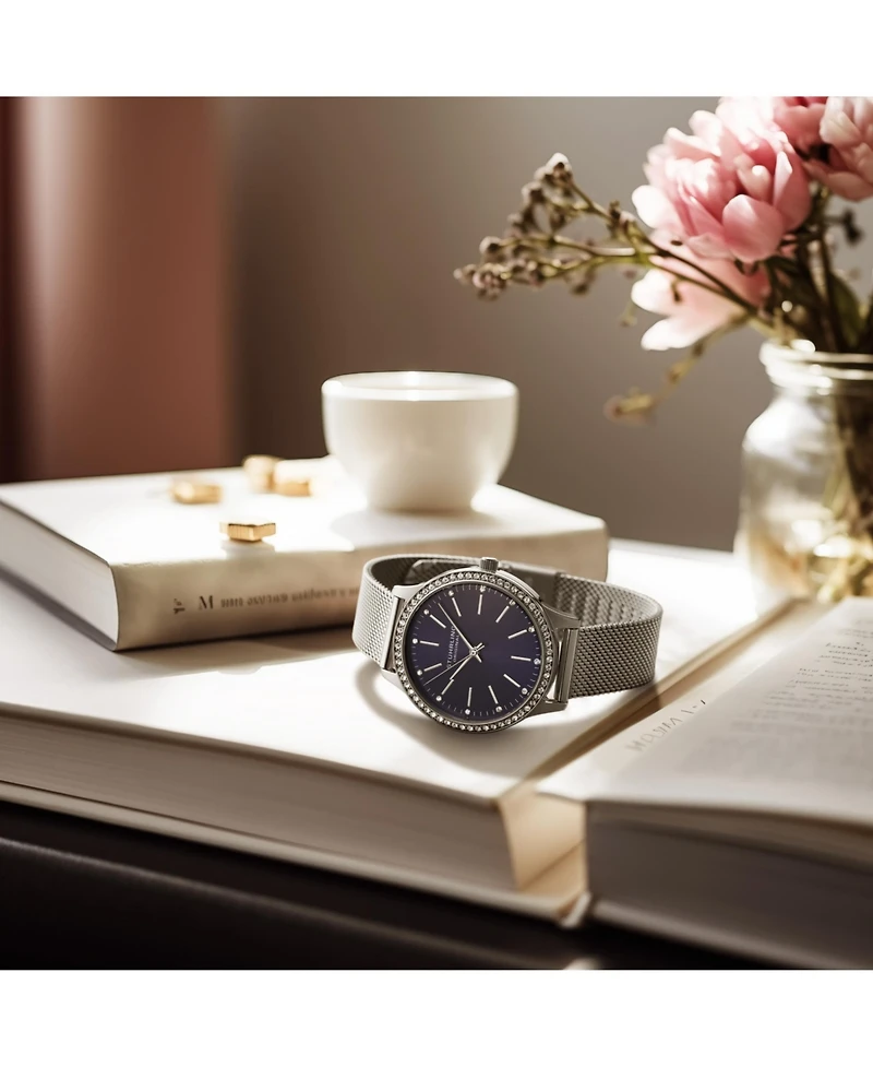 Women's Quartz Watch Crystal Studded Silver Tone Stainless Steel Case Blue Dial Silver Hands and Markers Mesh Bracelet