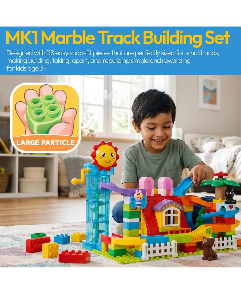 Contixo MK1 Marble Track Building Set, 118-Piece Stem Toy with Elevator Lift, Rabbit House Scene and Multi-Lane Marble Run, Ages 3+