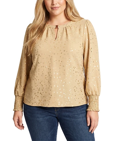 Ny Collection Plus Metallic-Dot Long-Sleeve Smocked-Cuff Blouse